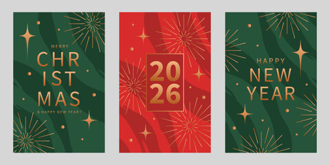 Set of Merry Christmas and Happy New Year cards. Xmas vector design for winter holidays. Holiday background gold line, stars and fireworks in geometric minimal style. 