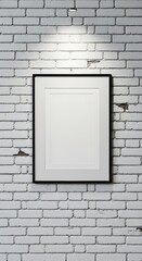 Blank Frame on White Brick Wall with Spotlight.