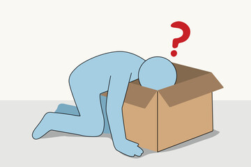uncertain man looking in box with question mark on head, mix feeling of fear anxiety nervous sad , abstract cartoon vector