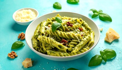Pesto pasta dish with walnuts and cheese
