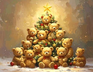 Teddy bear-themed Christmas tree illustration with a golden star, red ornaments, and a snowy ground