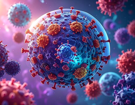 Detailed 3D rendering of multiple virus particles, featuring red spikes, blue bodies, and a purple background - Powered by Adobe