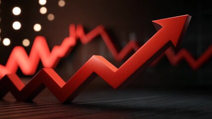 Red arrow graph rising with glowing lights and zigzag pattern, symbolizing growth, success, and upward trend in business finance, chart showing dynamic rising trend for financial success - Powered by Adobe