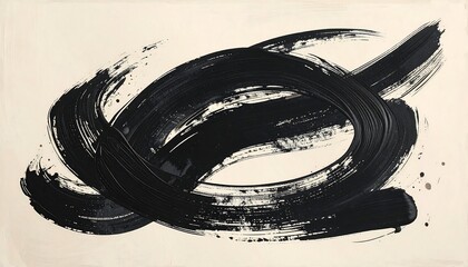 Bold, abstract brushstroke artwork featuring thick, black lines creating circular and overlapping shapes on a cream background
