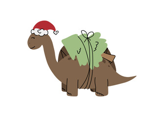 Cute dinosaur illustration wearing Santa hat carrying Christmas tree festive holiday character design
