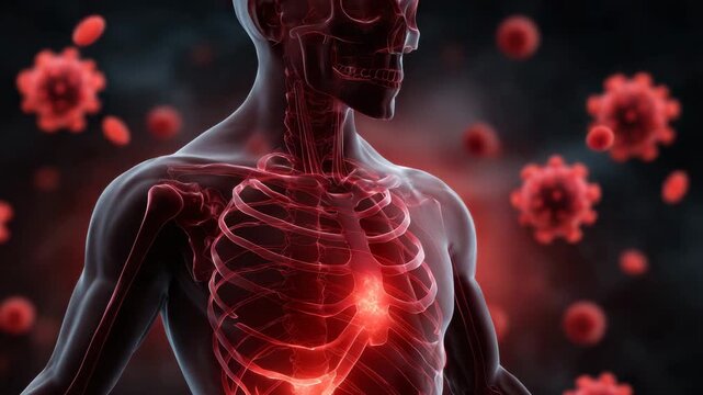 Human skeleton rib cage heart virus infection medical illustration transparent body red blood cell disease anatomy chest respiratory system pathogen immune response biology healthcare internal - Powered by Adobe