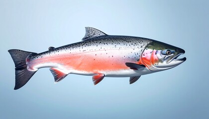 Vibrant salmon swimming gracefully in clear blue water, a symbol of healthy ecosystems and delicious cuisine
