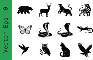 Fototapeta premium Black animal silhouettes collection, 12 wildlife vector icons, minimalist nature symbols for branding and logo design isolated on Transparent Background