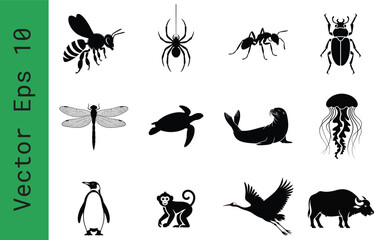 Fototapeta premium Black animal silhouettes set, 12 wildlife icons in vector eps 10 format, minimalist nature and insect symbols for educational design isolated on Transparent Background