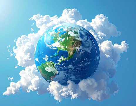 A 3D earth rests amongst fluffy clouds against a vibrant blue sky, showcasing North America