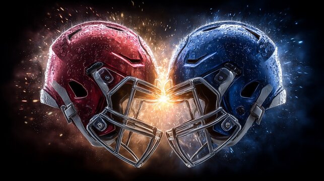 American football helmets colliding in a dynamic sports competition concept design