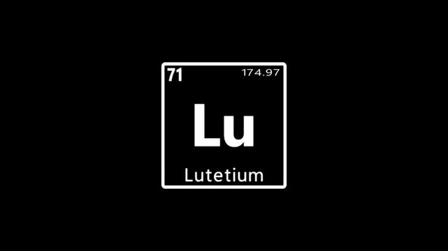 71 Number Lutetium (Lu) symbol chemical element of the periodic table with ball moving animation on black background.