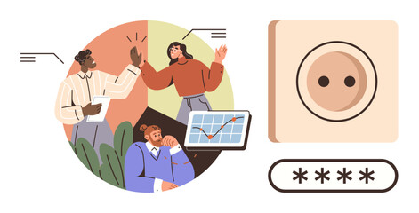 Diverse team brainstorming with tablet and data charts, secure password entry, circular workspace. Ideal for teamwork, innovation, business planning, cybersecurity, digital tools, productivity