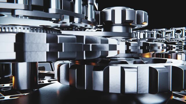 Metallic gears interlock and rotate, showcasing industrial precision and engineering