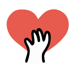 Symbolic white hand reaching to touch a large red heart signifying love support care and connection in a simple graphic style