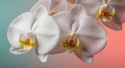 Luxury cosmetic background with closeup of white orchid flowers, beautiful elegant phalaenopsis blossom with water drops for spa and wellness skincare advertising concept