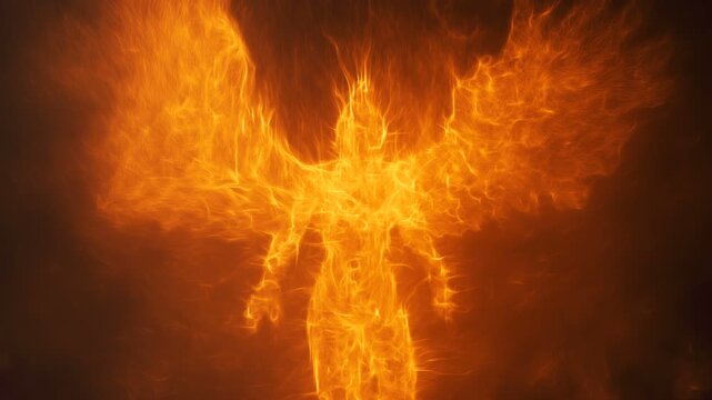 3d animation of an archangel or a demon lord built from fire particles