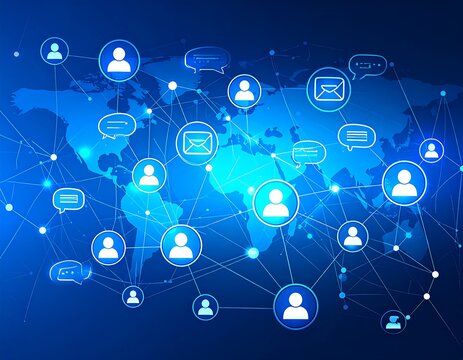 Network of interconnected people and messages on a blue world map background, using circles and lines for connection