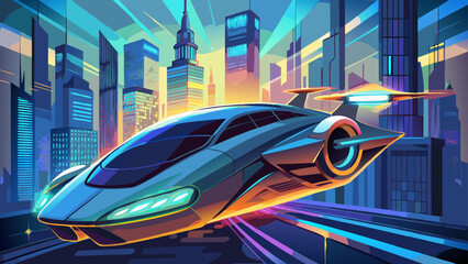 Futuristic eco vehicle gliding above glowing city streets, sleek aerodynamic form, luminous energy core, and minimalist metallic body, symbolizing innovation, sustainability, and next-generation trans