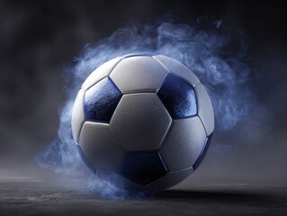 Fototapeta premium A soccer ball is enveloped by a thick blue smoke on a vivid blue background