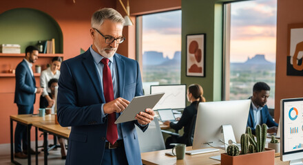 Business Leadership Concept with mature manager using tablet in modern office, diverse team working in background with scenic desert mountain window view