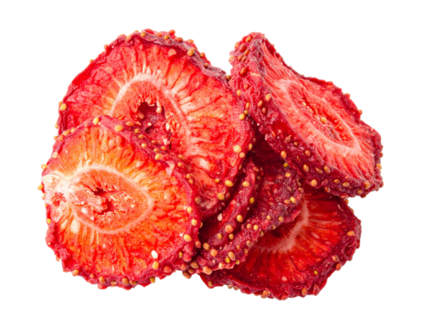 Strawberry snack chips isolated on white, crispy dehydrated fruit slices illustration. - Powered by Adobe