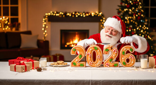 Christmas 2026 Concept with happy Santa Claus decorating large gingerbread cookie shaped like 2026 in cozy home with fireplace and decorated tree