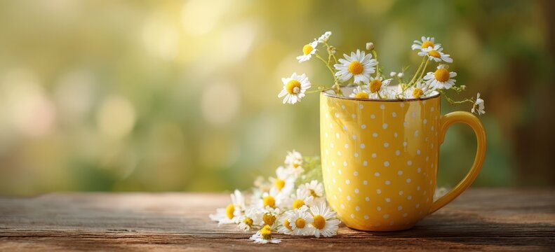 A vibrant yellow cup brimming with fresh daisies rests on a wooden table - Powered by Adobe