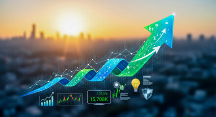 Financial Growth Concept with abstract rising arrow graph and candlestick chart over blurred city background at sunset, representing investment success and stock market