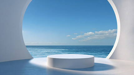 Fototapeta premium Cylinder podium and circle window with sky and blue water surface, minimal product placement