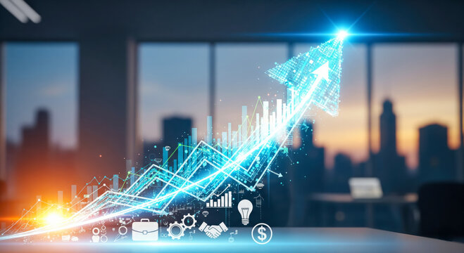 Corporate Growth Concept with glowing digital arrow graph and financial chart hologram over desk in modern dark office with night city view - Powered by Adobe