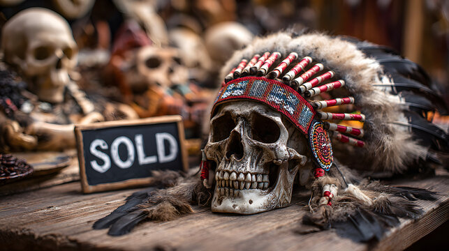 Totensch&auml;del mit indianischem Federschmuck und Verkaufsschild
