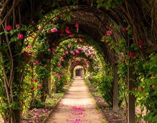 A rosy garden tunnel path with pink flowers overhanging the archway and petals sprinkled on the ground
