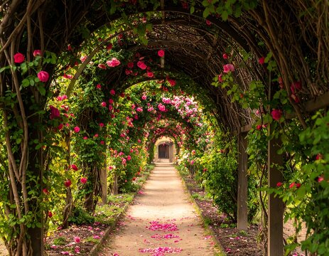 Fototapeta A rosy garden tunnel path with pink flowers overhanging the archway and petals sprinkled on the ground