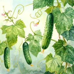 Watercolor illustration of cucumbers growing on a vine