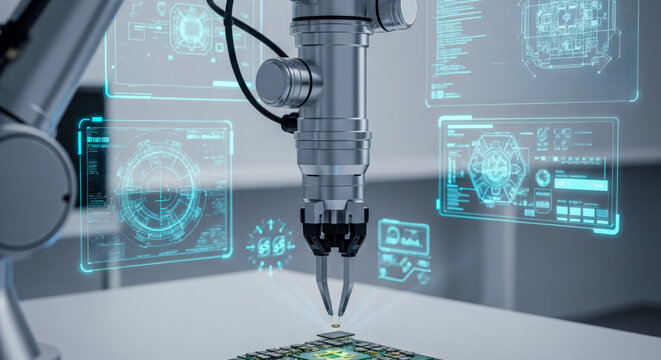 Robotic arm manufacturing microchip in futuristic factory, automation technology concept with robot working on computer processor with holographic data display for industry