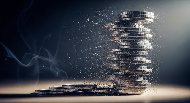 Stack of silver coins disintegrating into dust with smoke, financial crisis and inflation concept showing money losing its value and purchasing power