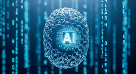 Artificial intelligence core in sphere with network connections, futuristic technology background with digital data stream and blue matrix binary code wallpaper