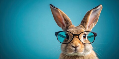 Clever Rabbit with Glasses Against a Bright Blue Background