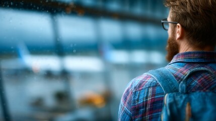Bearded traveler gazing at airplanes from airport terminal, reflecting on journey and destination