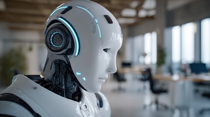 Telepresence robot, futuristic corporate office with glowing humanoid robot enabling remote presence.