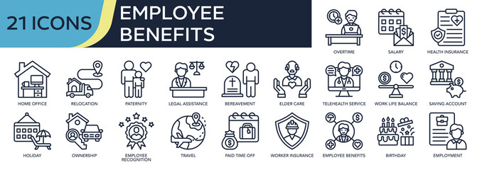 Collection of Employee Benefits icons, related to relocation, paternity, legal assistance, elder care, work life balance and more. Outline icons vector illustation.