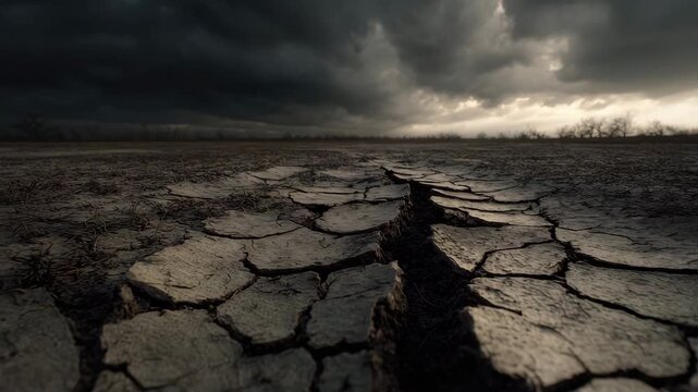 Dry soil cracked earth drought barren land stormy sky dark clouds arid landscape nature environmental weather dramatic intense atmosphere desolation fissures moody barren landscape