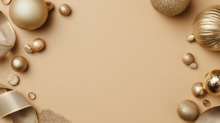 Fototapeta premium Elegant Gold Christmas Decorations with Ornaments, Ribbons, and Glitter on Beige Background for Holiday Celebrations and Festive Themes