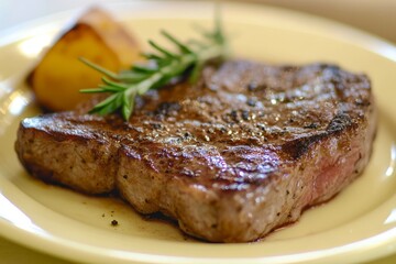 A perfectly seared steak, glistening with brown and gold hues, rests beside roasted potatoes on a pale yellow plate, radiating a warm and inviting ambiance.