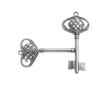 Pair of Luxury Silver Keys Decorated with Gemstone Details, isolated on transparent background