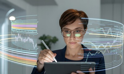 Business professional using digital tablet with stylus surrounded by holographic financial charts and analytics, ideal for illustrating fintech innovation and data-driven strategy