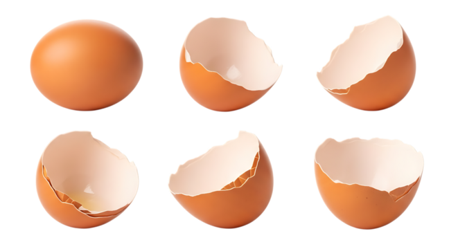 Whole brown egg and broken eggshells, cracked, cutout, PNG isolated on white or transparent background