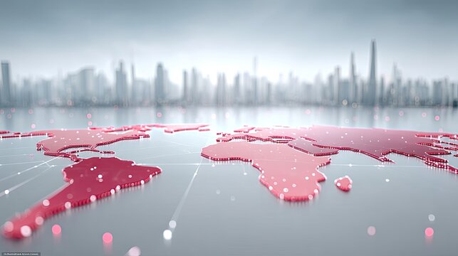 Holographic World Map with Glowing Futuristic Interface Overlooking Blurred Cityscape