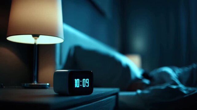Modern digital alarm clock illuminated on wooden bedside table with lamp in cozy bedroom at night, soft lighting time display creating calm atmosphere with stylish furniture for restful sleep